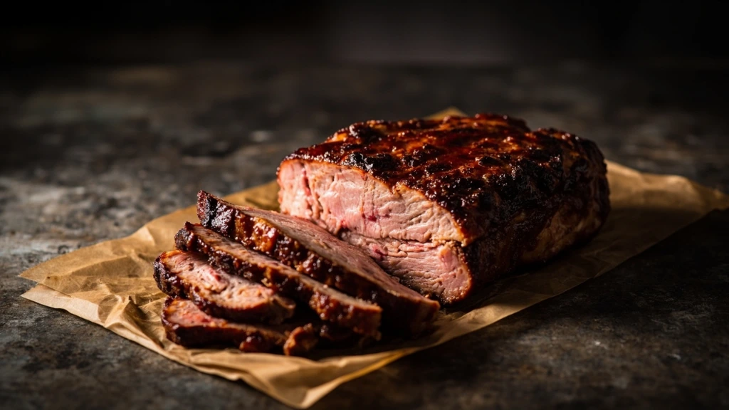 Sliced brisket with a deep smoke ring on butcher paper.
