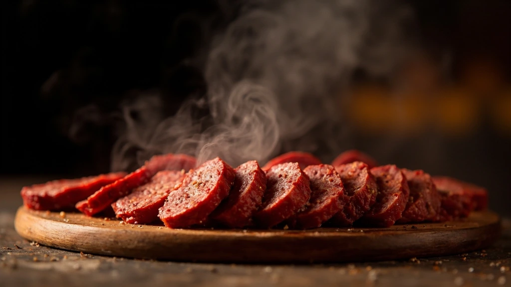 Sliced Texas-style sausage links on a wooden board.