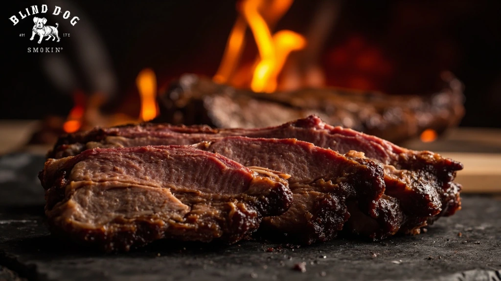 Thick-cut Texas Wagyu brisket slices on slate.